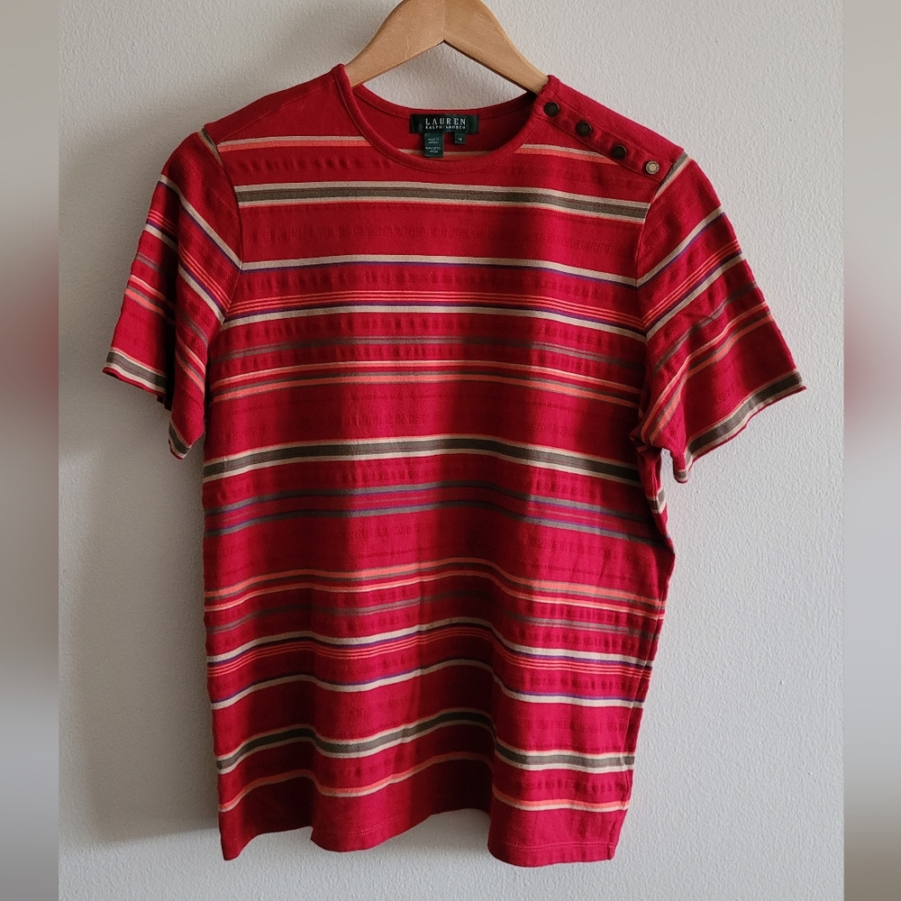 Ralph Lauren Textured Striped Buttoned-shouder Top, Women's XL, Red, Tan.